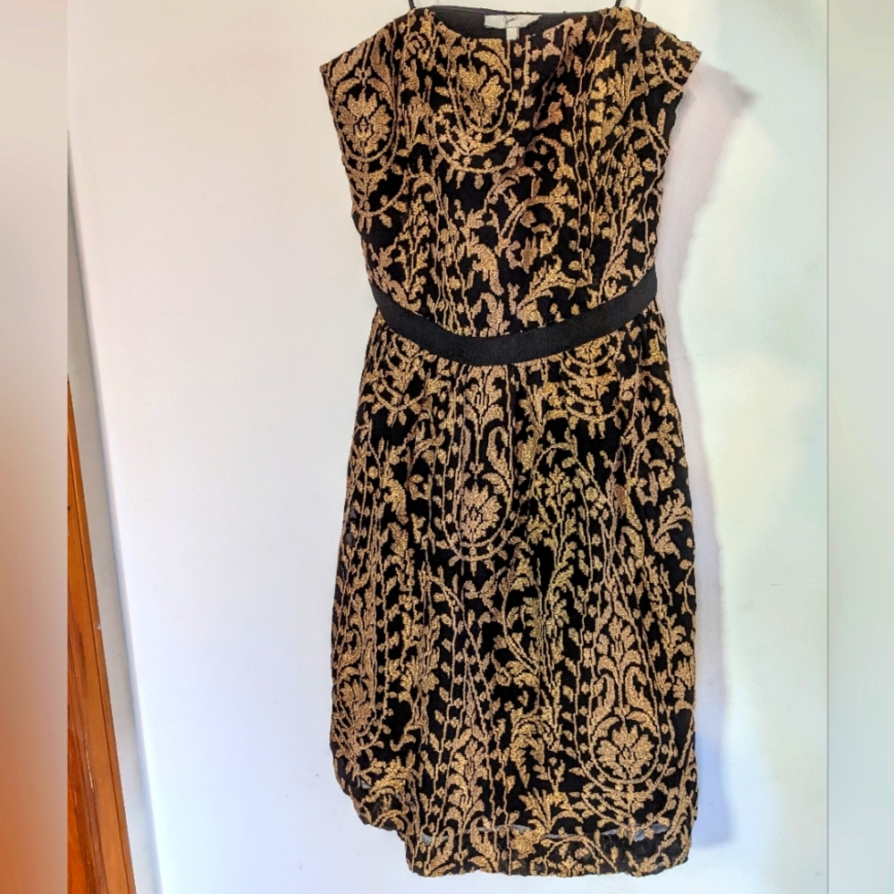Joie Borough Strapless Dress brocade gold black with pockets sz 6